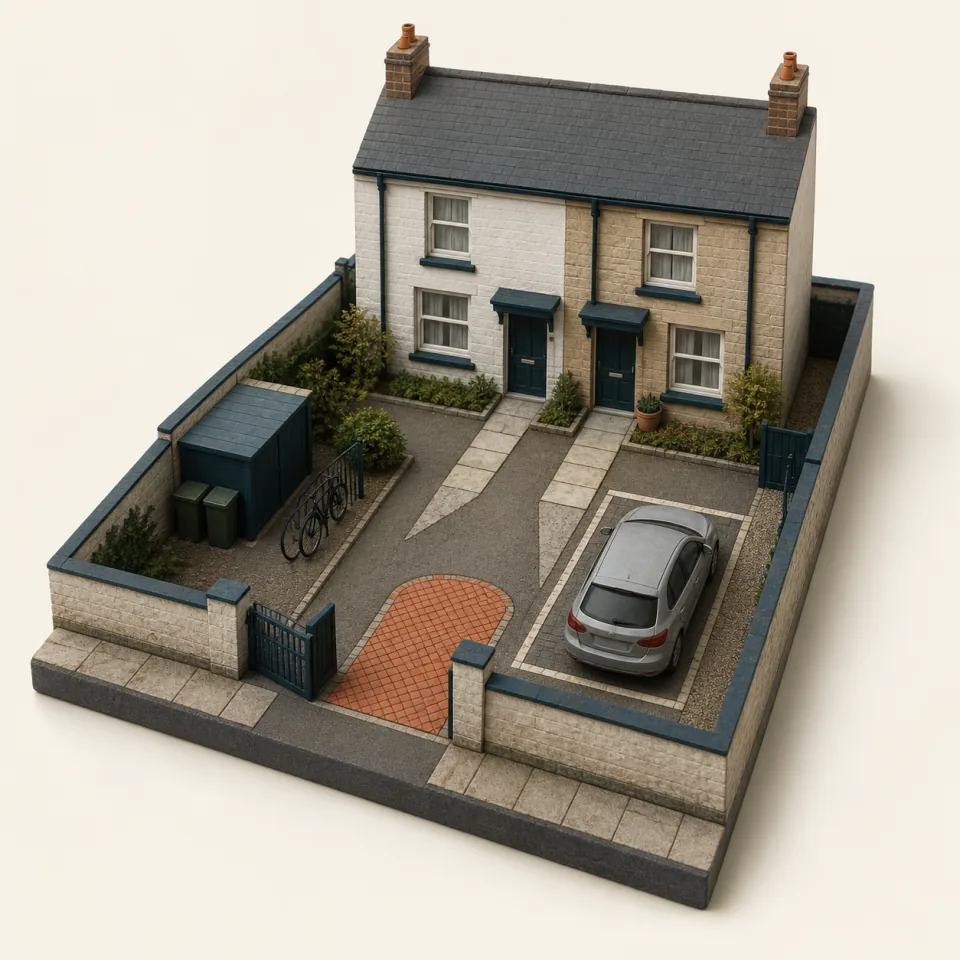 3D overhead model of two UK homes with a shared driveway, one parking bay, gates, boundary walls, bin store, bikes, and delivery route