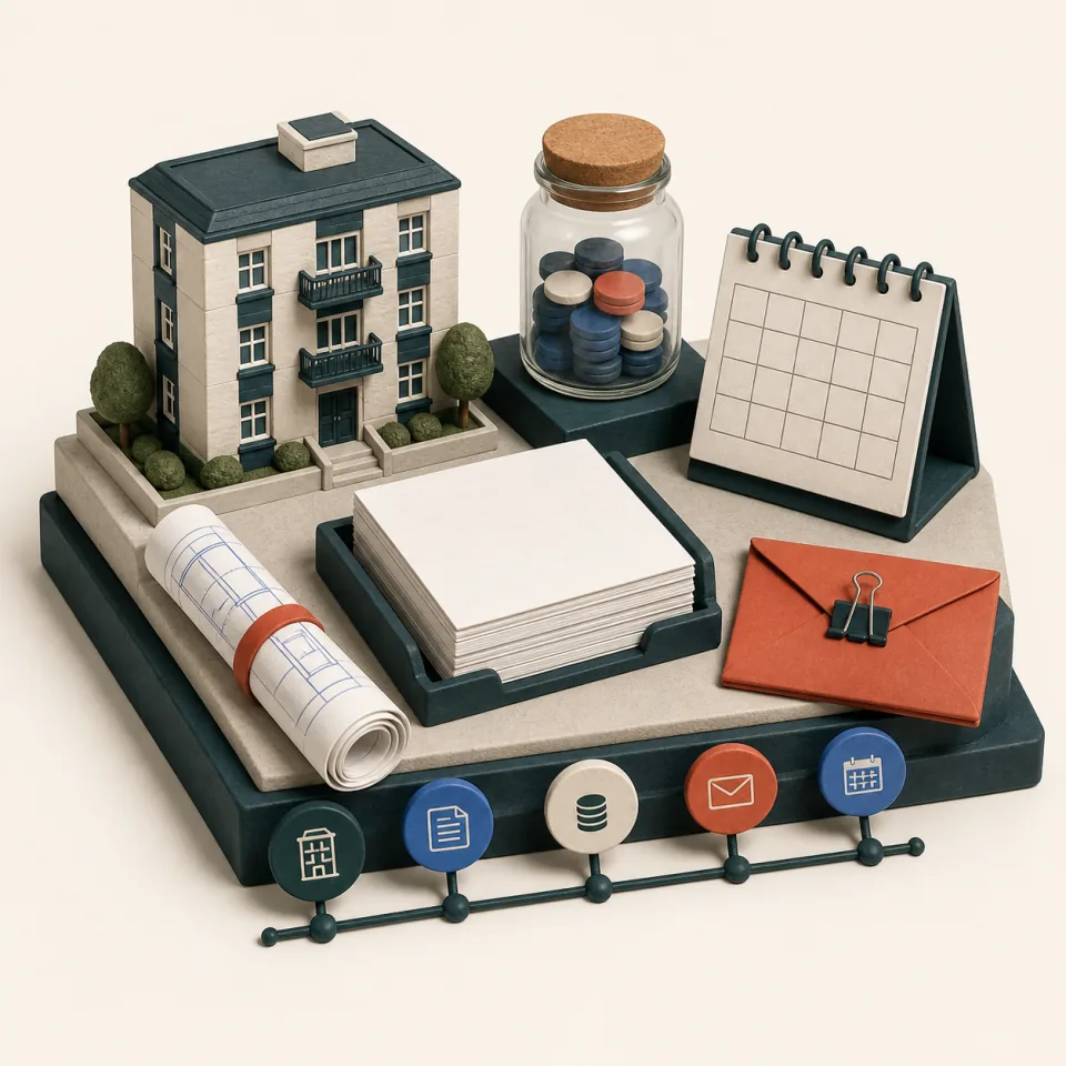 3D desk with a block-of-flats model, blank statement stack, reserve-fund jar, calendar, rolled works plan, and clipped envelope