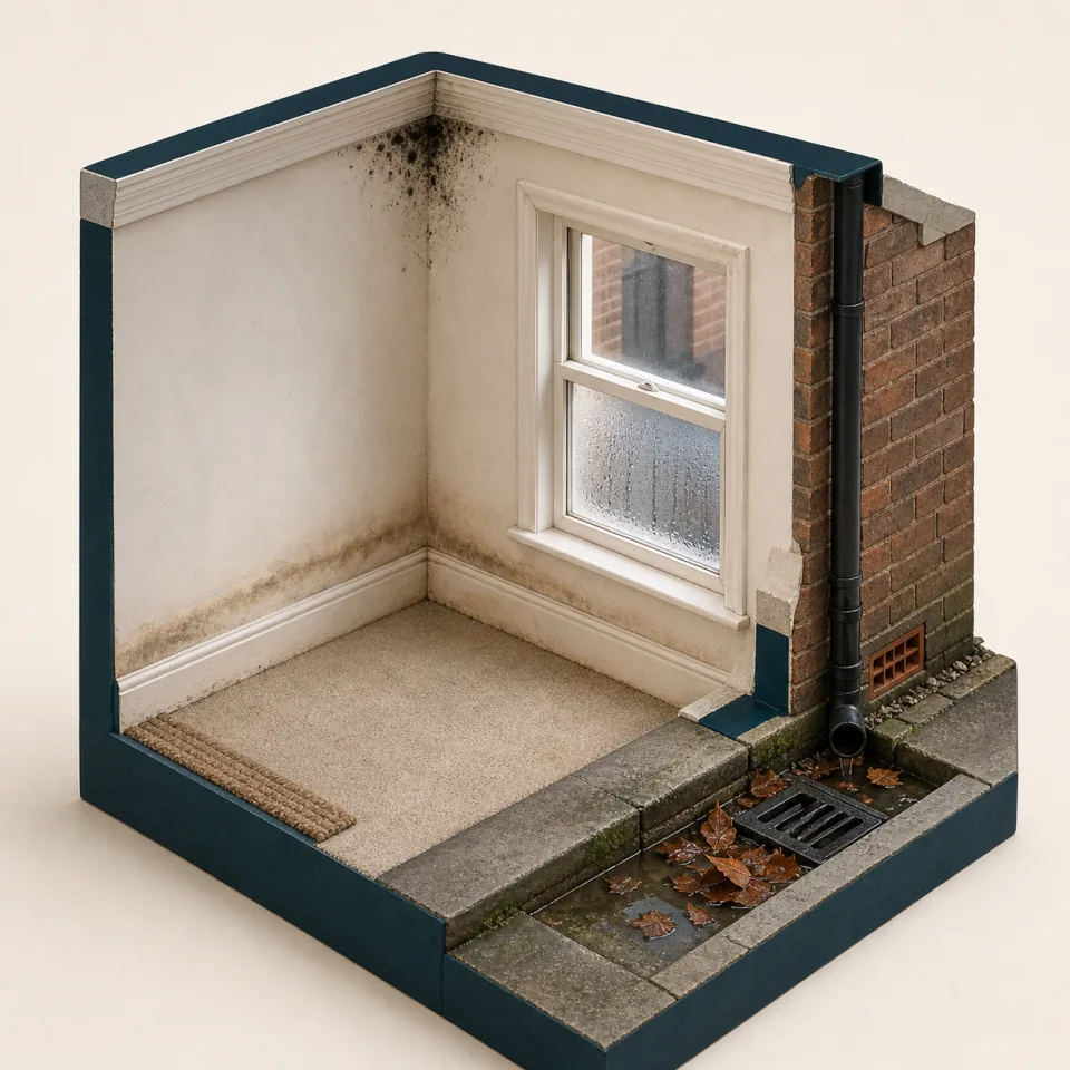 3D cutaway showing a wall tide mark, mould at a room corner, window condensation, high exterior ground level, and a leaf-blocked drain