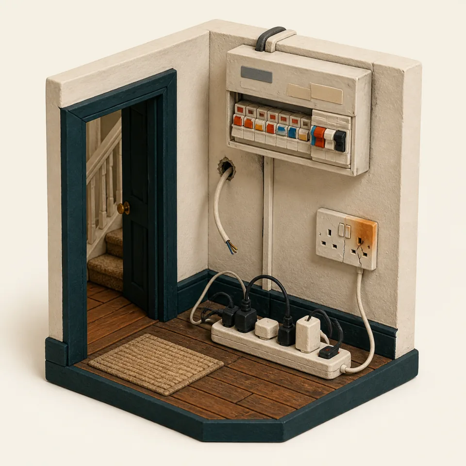 3D hallway model with an older consumer unit, cracked and discoloured socket, temporary cable, and overloaded extension lead