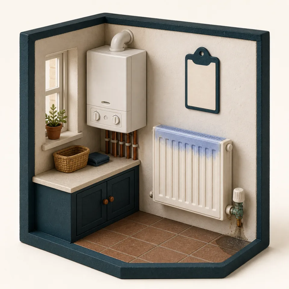 3D utility room with a wall boiler, radiator with a cool upper section, corroded valve, and a small water mark below