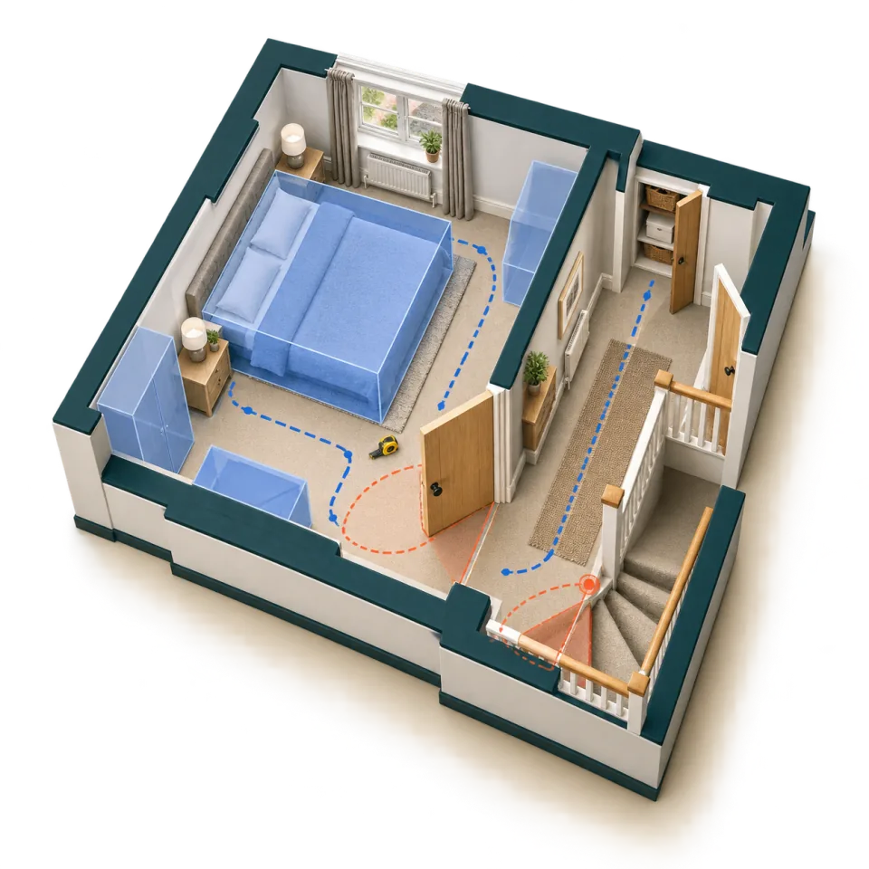 3D overhead bedroom and hall model with furniture footprints, a narrow route, door swings, storage, tape measure, and tight stair turn