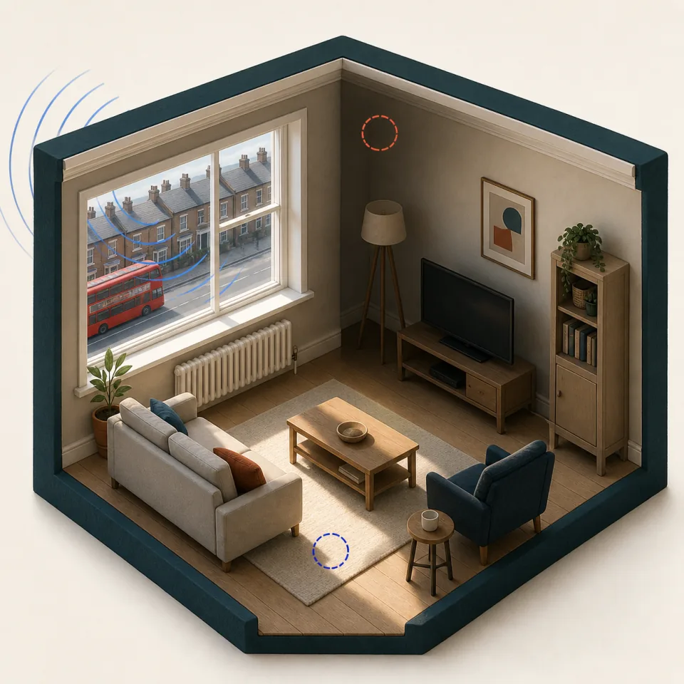 3D clean living room with sunlight near a road-facing window, a dim inner corner, terraced houses, and a passing bus outside