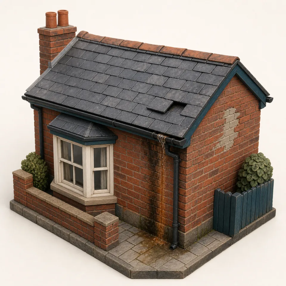 3D model of a UK brick house with a displaced roof slate, leaking gutter joint, wall staining, and a patch of newer mortar