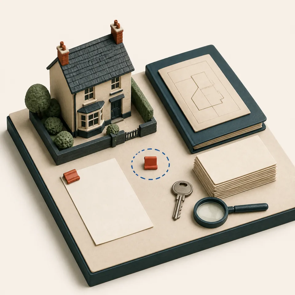 3D evidence table with a house model, loose statement sheet, separate title plan and document stack, key, and magnifying glass