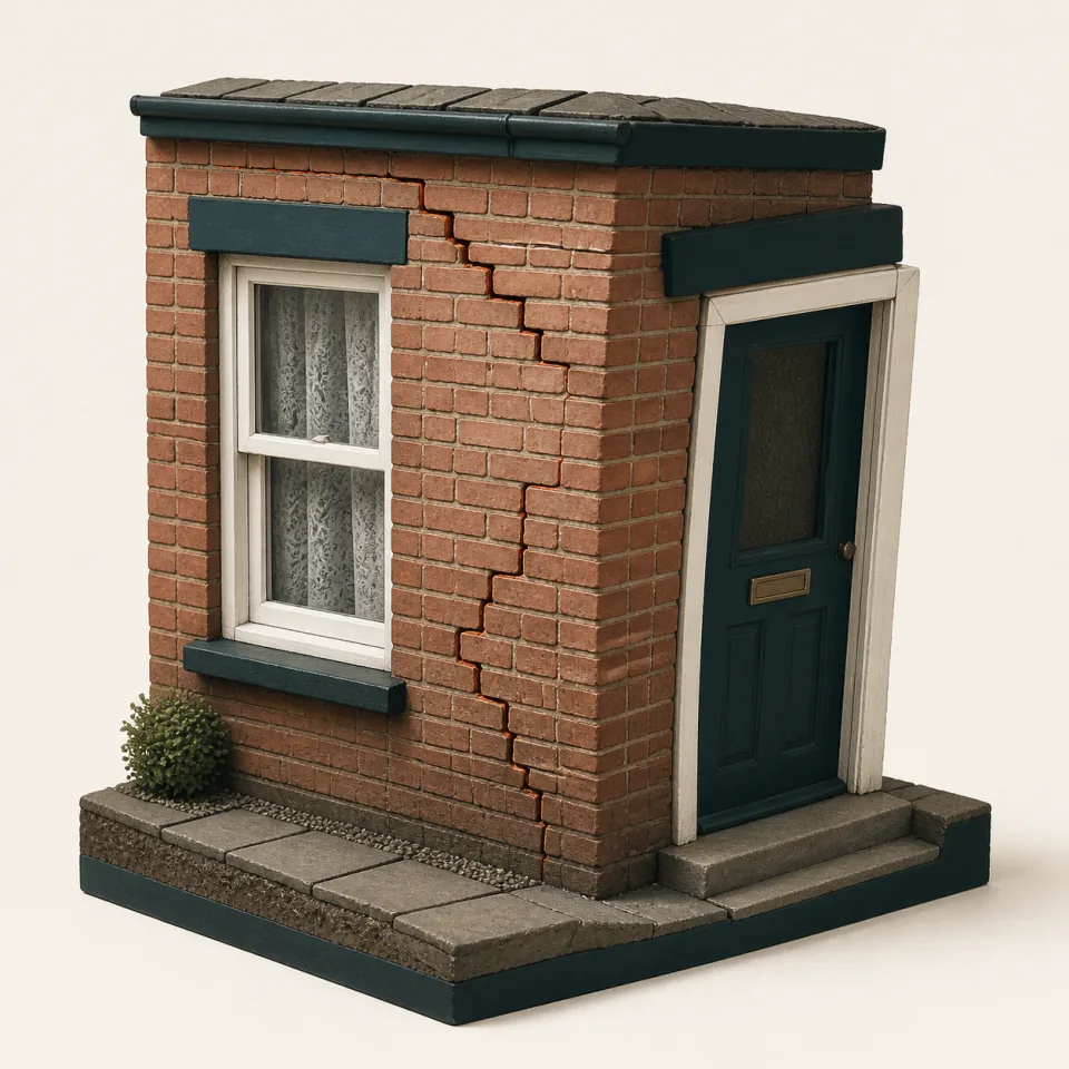 3D model of a brick wall with a stepped crack beside a window and a front door frame that appears out of square