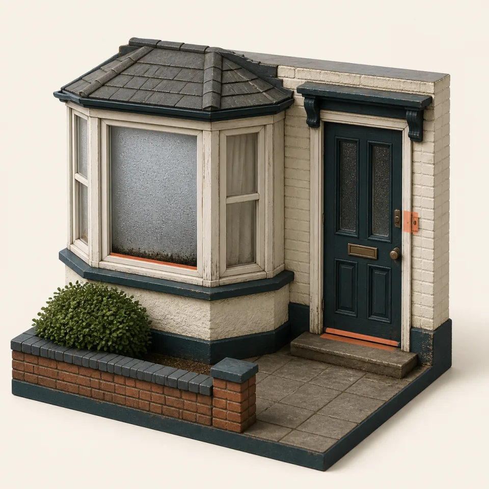 3D UK bay window and front door with condensation between panes, weathered frame, draught gap, and misaligned lock